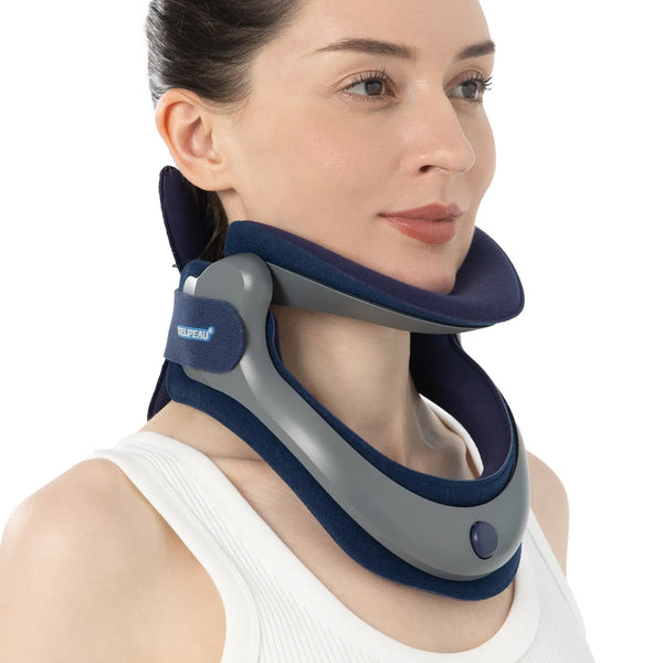 Woman wearing a adjustable neck brace on a white background